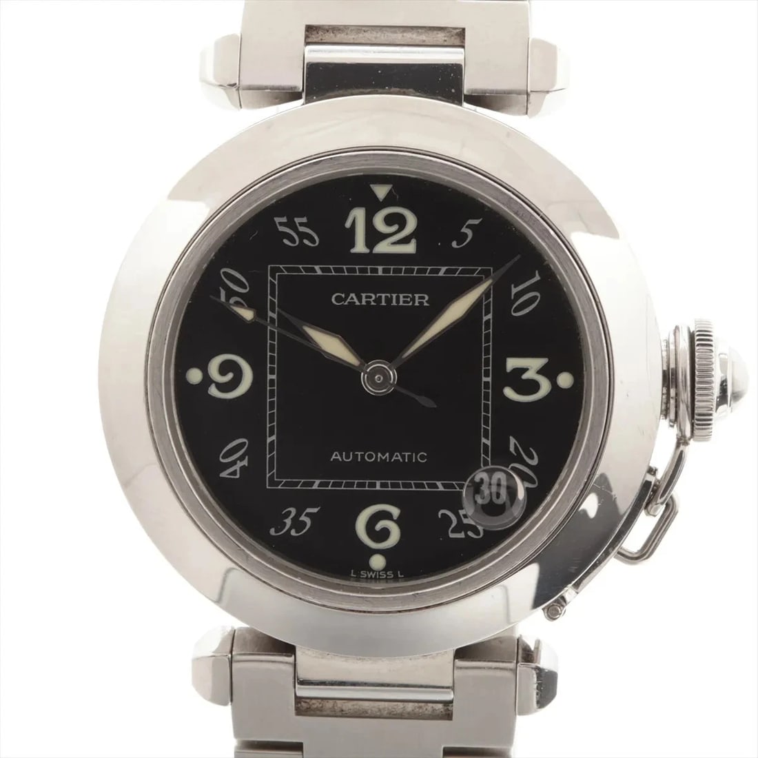 CARTIER PASHA C SS BLACK DIAL, WATCH: Cartier Pasha C SS black dial, Watch Brand: Cartier Type/Style: Wristwatch Material: SS Color: black dial Size: Case:W1.2 x H1.2inch / W35 x H35 Circumference of Wrist:5.3inch / 13.5 Accessories: