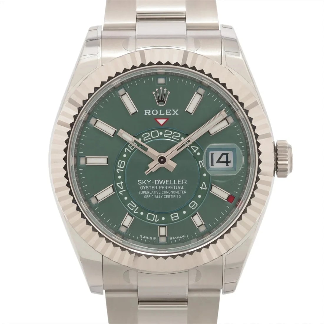 ROLEX SKY-DWELLER SS?WG MINT GREEN DIAL, WATCH: Rolex Sky-Dweller SS?WG Mint green dial, Watch Brand: Rolex Type/Style: Wristwatch Material: SS?WG Color: Mint green dial Size: Case:W1.6 x H1.6inch / W42 x H42 Circumference of Wrist:7.3inch / 18.5