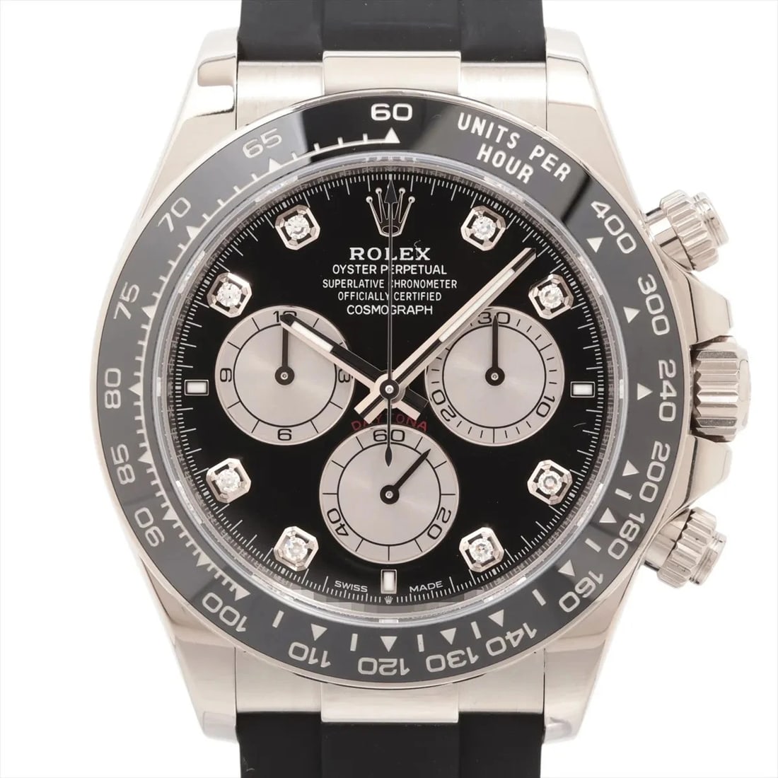 ROLEX DAYTONA WG & RUBBER BRIGHT BLACK DIAL, WATCH: Rolex Daytona WG & rubber bright black dial, Watch Brand: Rolex Type/Style: Wristwatch Material: WG & rubber Color: bright black dial Size: Case:W1.6 x H1.6inch / W40 x H40 Circumference of Wrist:7.9i