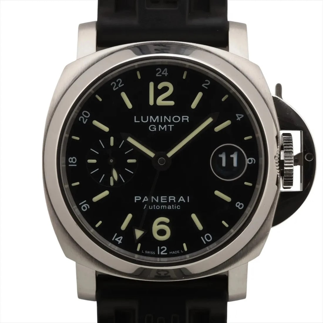 PANERAI LUMINOR GMT SS & RUBBER BLACK DIAL, WATCH: Panerai Luminor GMT SS & Rubber black dial, Watch Brand: Panerai Type/Style: Wristwatch Material: SS & Rubber Color: black dial Size: Case:W1.2 x H1.2inch / W39 x H39 Circumference of Wrist:7.7inch / 