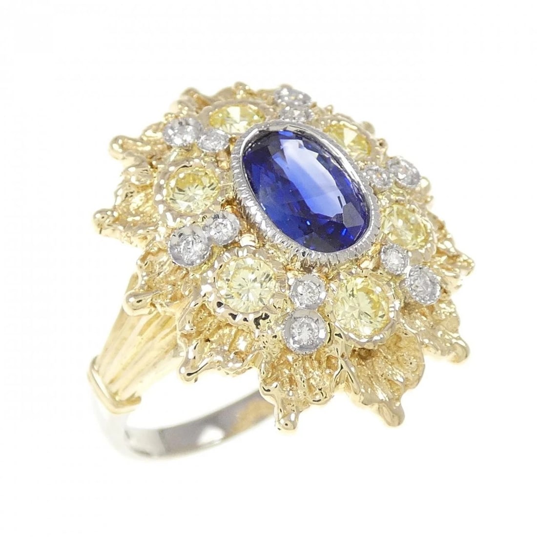 K18YG/PT900 SAPPHIRE RING: K18YG/PT900 Sapphire Ring Brand: Unbranded Type/Style: Sapphire Ring Material: 18K Yellow Gold, Main Stone/Creation Sapphire Secondary Stone Diamond Color: Yellow Gold Size: US 8.5 Accessories: None