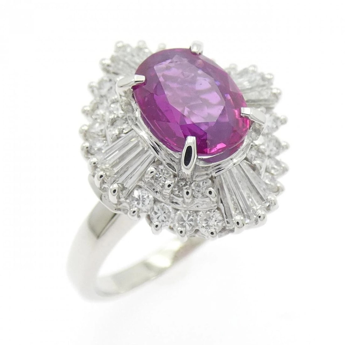 PT900 RUBY RING: PT900 Ruby Ring Brand: Unbranded Type/Style: Ruby Ring Material: Platinum900, Main Stone/Creation Ruby Secondary Stone Diamond Color: Platinum Size: US 4 3/4 Accessories: None Accessories Notice: