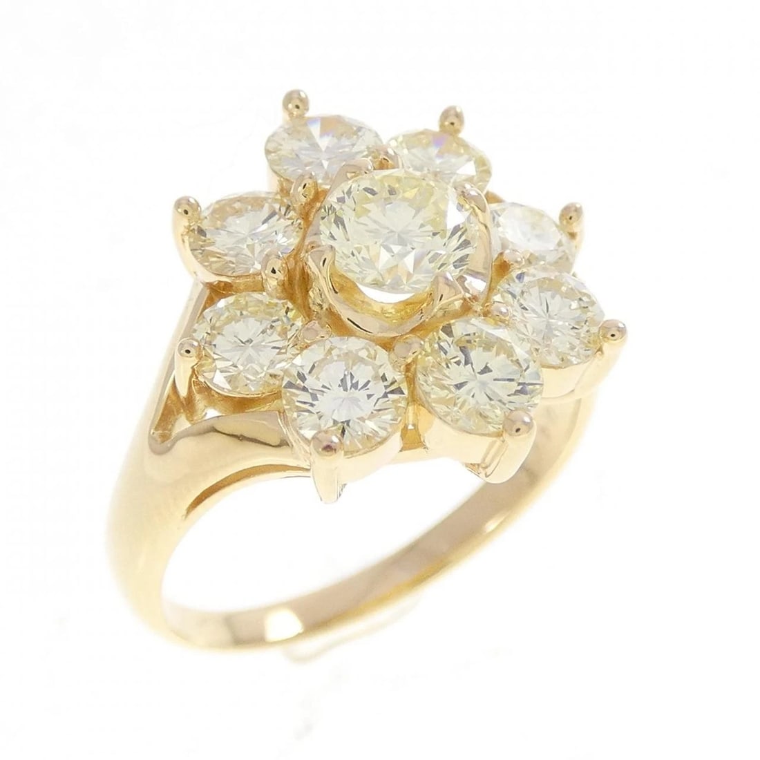 K18YG FLOWER DIAMOND RING: K18YG Flower Diamond Ring Brand: Unbranded Type/Style: Diamond Ring Material: 18K Yellow Gold, Main Stone/Creation natural Color: Yellow Gold Size: US 6 1/4 Accessories: None Accessories Notice: When
