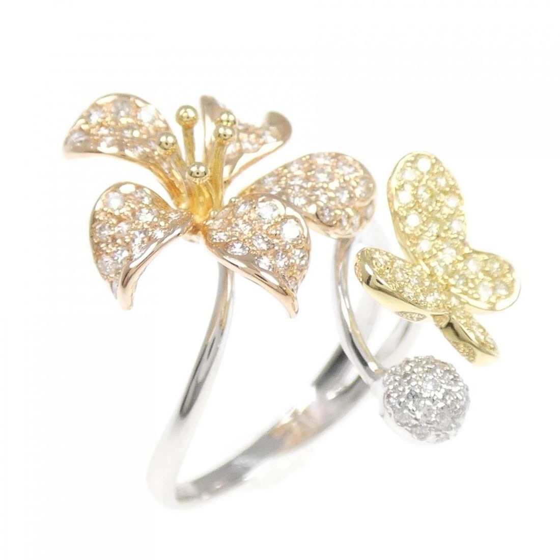 K18 THREE-COLOR FLOWER X BUTTERFLY DIAMOND RING: K18 Three-Color Flower x Butterfly Diamond Ring Brand: Unbranded Type/Style: Diamond Ring Material: 18K Yellow Gold / 18K White Gold / 18K Pink Gold, Main Stone/Creation natural Color: Yellow Gold