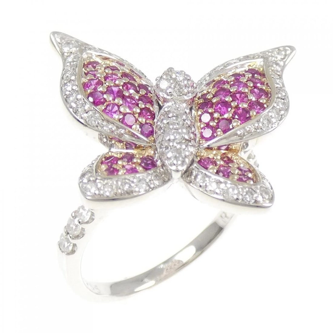 K18WG BUTTERFLY RUBY RING: K18WG Butterfly Ruby Ring Brand: Unbranded Type/Style: Ruby Ring Material: 18k White Gold, Main Stone/Creation RubySecondary StoneDiamond Color: White Gold Size: US 5 3/4 Accessories: None