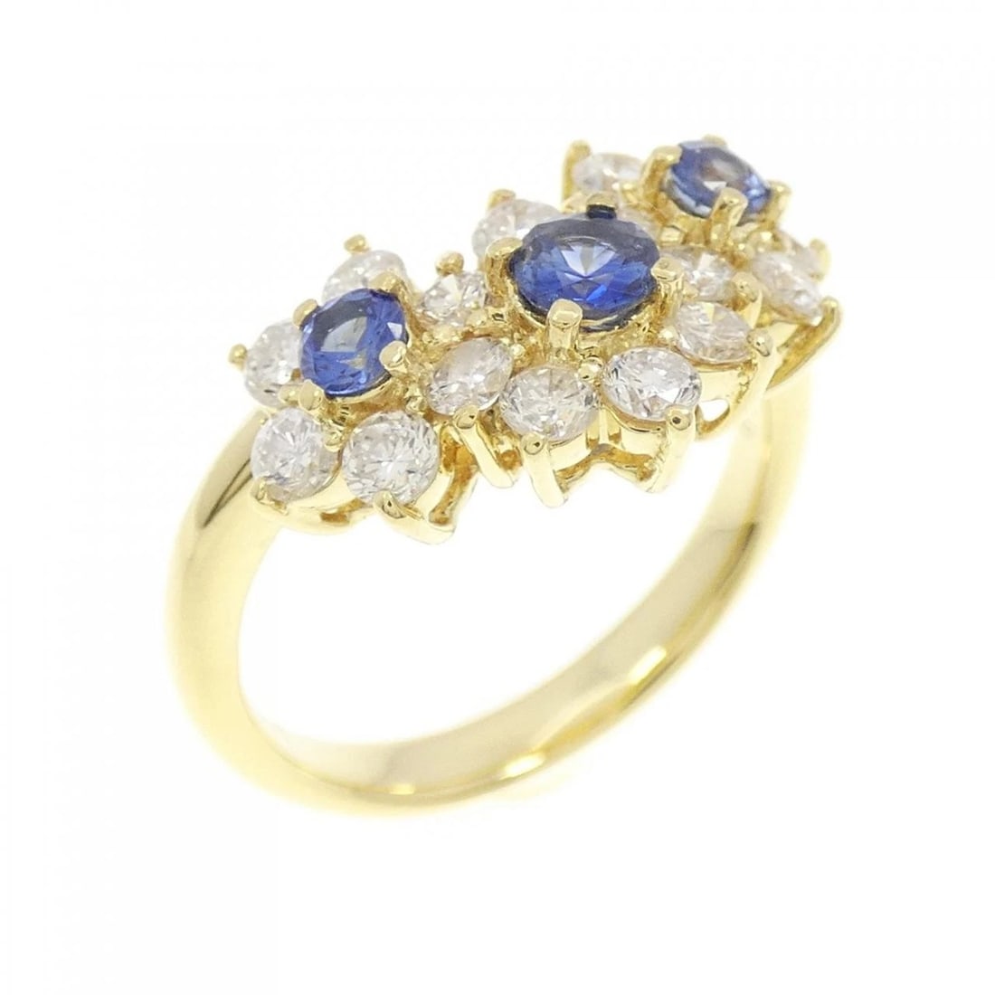 K18YG FLOWER SAPPHIRE RING: K18YG Flower Sapphire Ring Brand: Unbranded Type/Style: Sapphire Ring Material: 18K Yellow Gold, Main Stone/Creation Sapphire Secondary Stone Diamond Color: Yellow Gold Size: US 5 3/4 Accessories: