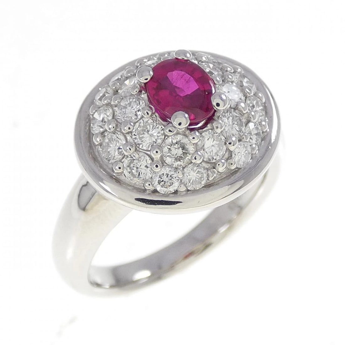 PT900 RUBY RING: PT900 Ruby Ring Brand: Unbranded Type/Style: Ruby Ring Material: Platinum, Main Stone/Creation Ruby Secondary Stone Diamond Color: Platinum Size: US 5 1/4 Accessories: None Accessories Not