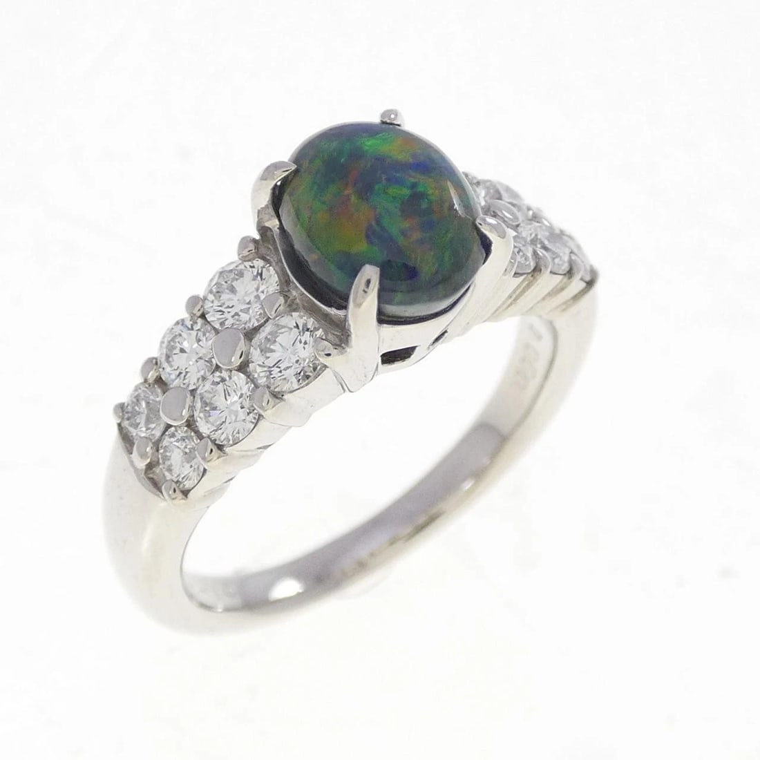 PT900 BLACK OPAL RING: PT900 Black Opal Ring Brand: Unbranded Type/Style: Black Opal Ring Material: Platinum900, Main Stone/Creation Black Opal Secondary Stone Diamond Color: Platinum Size: US 5 Accessories: None