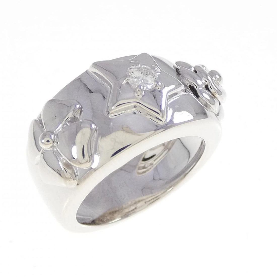 CHANEL THREE SYMBOLS RING: Chanel Three Symbols Ring Brand: CHANEL Type/Style: ring Material: 750 white gold, Main Stone/Creation Natural Color: White Gold Size: US 5 Accessories: None Accessories Notice: When purchasing