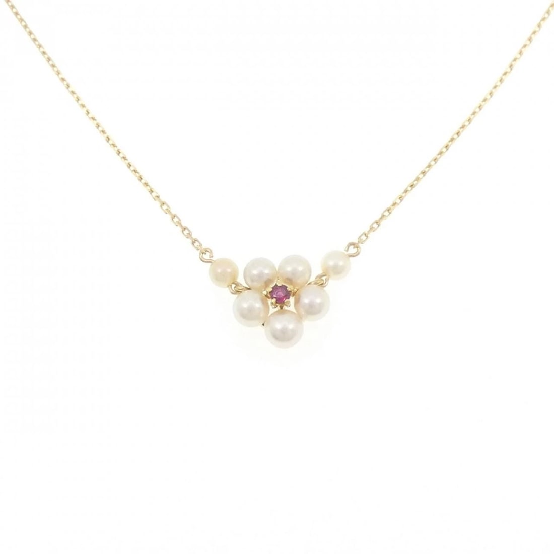 MIKIMOTO AKOYA PEARL NECKLACE: Mikimoto Akoya Pearl Necklace Brand: MIKIMOTO Type/Style: Necklace Material: K18 yellow gold, Main Stone/Creation Akoya PearlSecondary Stone Ruby Color: Yellow Gold Size: Actual Size Max width