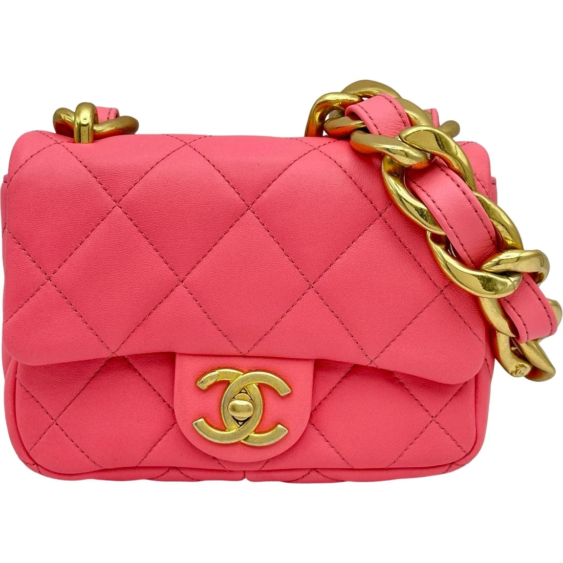 CHANEL MATELASSE SMALL FLAP BAG PINK/GHW LAMBSKIN SHOULDER BAG: CHANEL Matelasse Small Flap Bag Pink/GHW Lambskin Shoulder Bag Brand: CHANEL Type/Style: Handbag Material: Lambskin Color: Pink // GD Hardware Size: W: 18cm / H: 13cm / D: 4cm Accessories: None