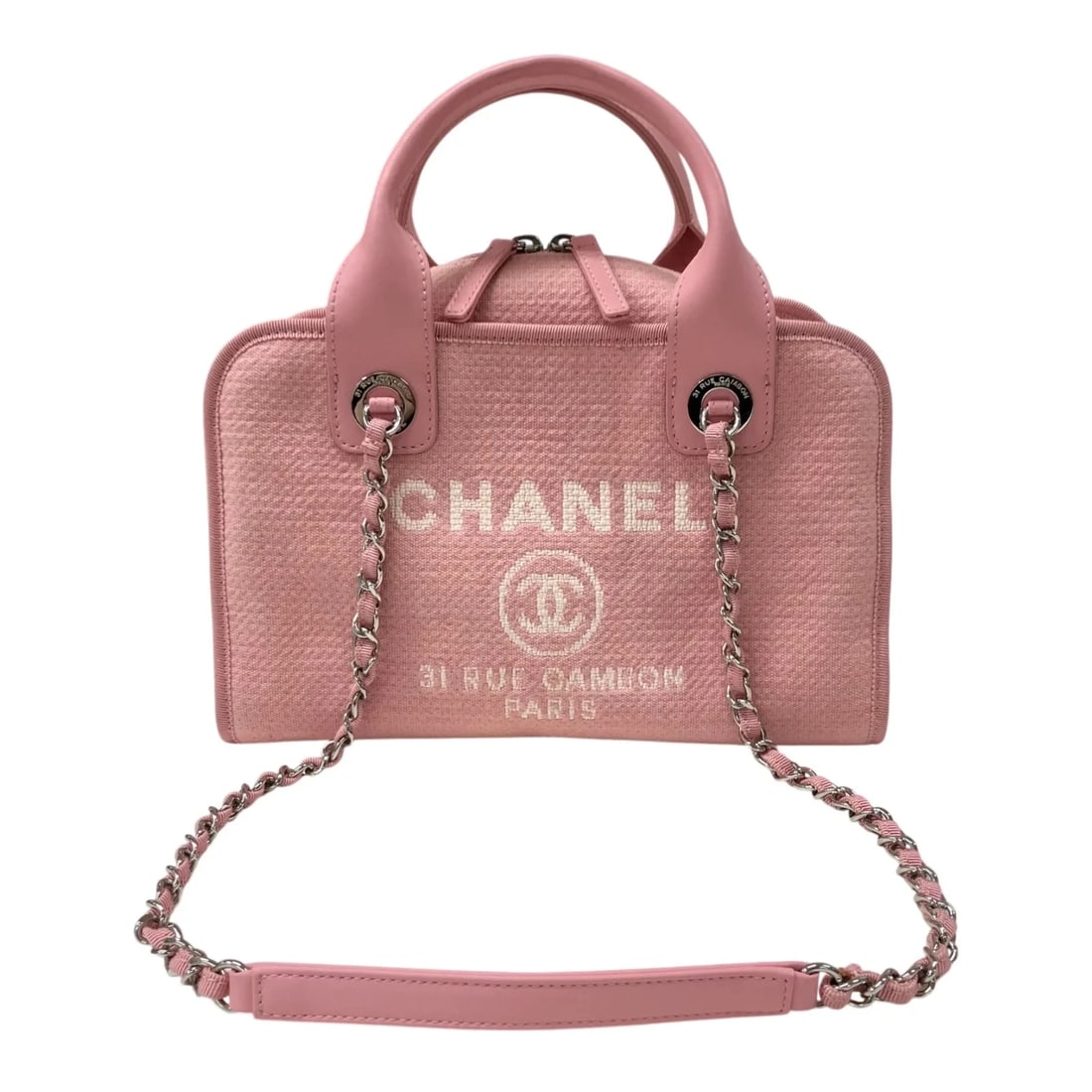 CHANEL DEAUVILLE BOWLING BAG PINK COTTON: CHANEL Deauville Bowling Bag Pink Cotton Brand: CHANEL Type/Style: Handbag Material: Cotton Color: Pink / SV Hardware Size: W: 27cm / H: 20cm / D: 12cm Accessories: None Accessories Notice: When