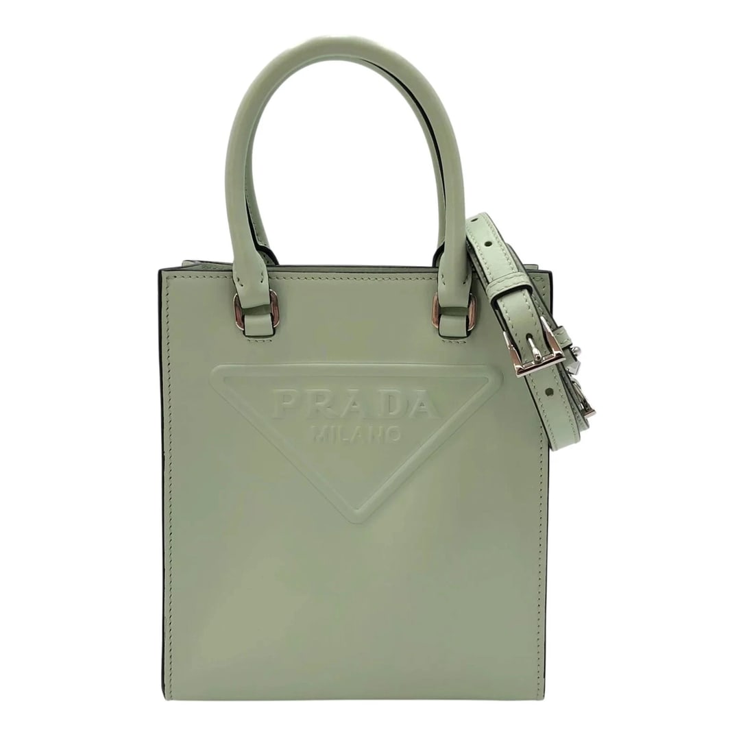 PRADA TRIANGLE MINI SHW SOFT CALF SHOULDER BAG: PRADA Triangle Mini SHW Soft Calf Shoulder Bag Brand: PRADA Type/Style: Handbag Material: Soft Calf Color: Mint Green / SV Hardware Size: W: 16.5cm / H: 19cm / D: 6cm Accessories: None Accessories