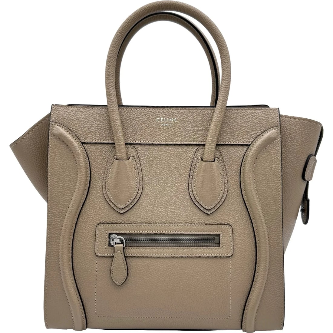 CELINE LUGGAGE MICRO BEIGE SHW DRUMMED CALFSKIN: CELINE Luggage Micro Beige SHW Drummed Calfskin Brand: CELINE Type/Style: Handbag Material: Drummed Calfskin Color: Beige / SV Hardware Size: W: 26.5cm / H: 25cm / D: 13cm Accessories: None