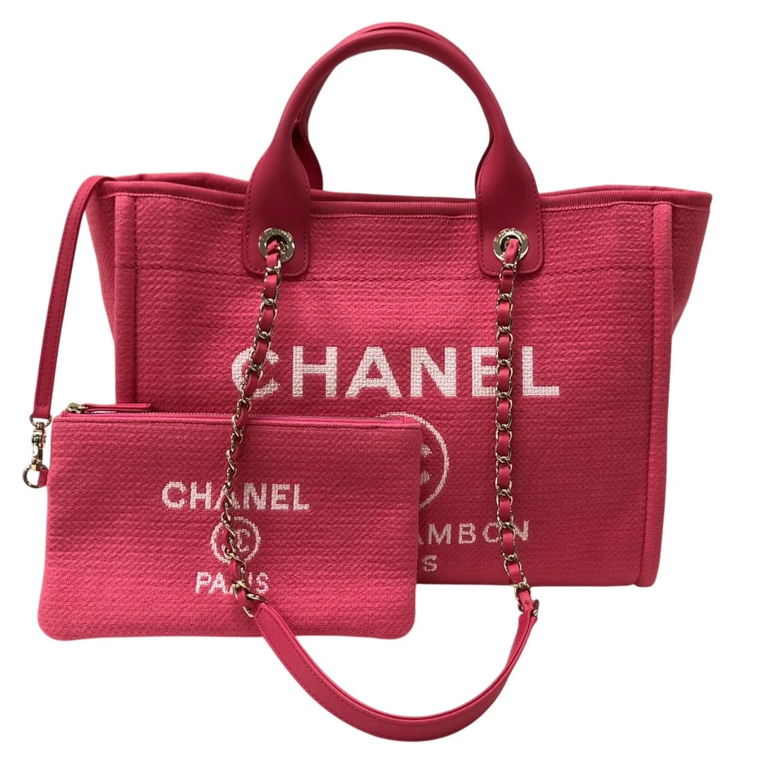 CHANEL DEAUVILLE SHOPPING BAG PINK SHW COTTON: CHANEL Deauville Shopping Bag Pink SHW Cotton Brand: CHANEL Type/Style: Handbag Material: Cotton Color: Pink / SV Hardware Size: W: 34-40cm / H: 26cm / D: 14cm Accessories: None Accessorie