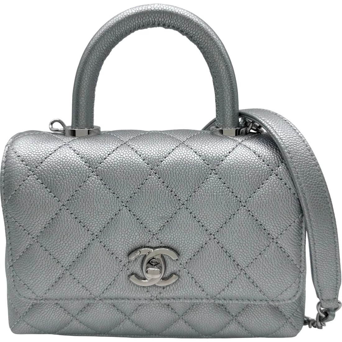 CHANEL COCO HANDLE SILVER SHW CAVIAR SKIN HANDBAG: CHANEL Coco Handle Silver SHW Caviar Skin Handbag Brand: CHANEL Type/Style: Handbag Material: Caviar Skin Color: Silver / SV Hardware Size: W: 19cm / H: 12cm / D: 8cm Accessories: None Acc