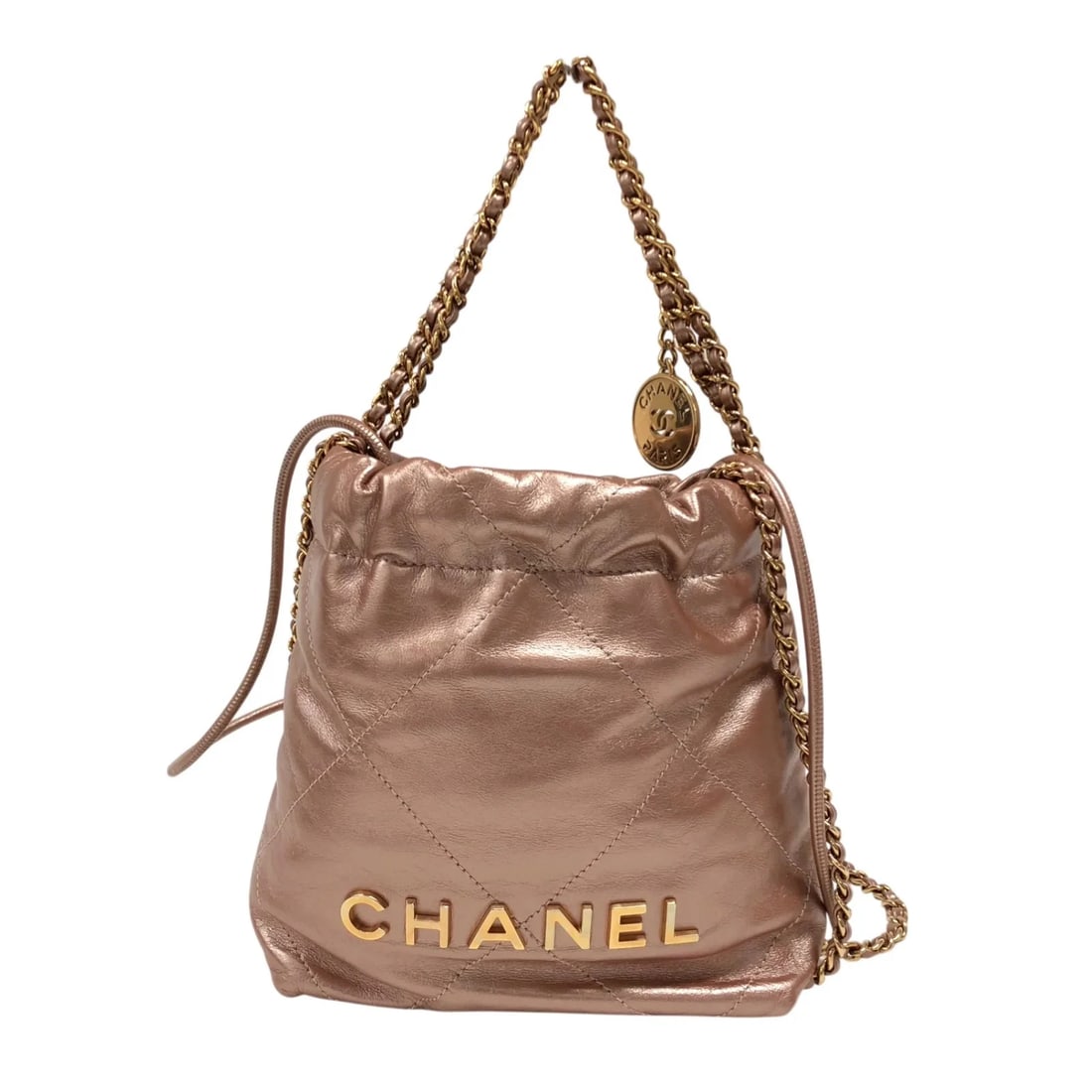 CHANEL MINI BAG METALLIC GHW SHINY CALF SHOULDER BAG: CHANEL Mini Bag Metallic GHW Shiny Calf Shoulder Bag Brand: CHANEL Type/Style: Handbag Material: Shiny Calf Color: Metallic Pink / GD Hardware Size: W: 20cm / H: 18cm / D: 6cm Accessories: None