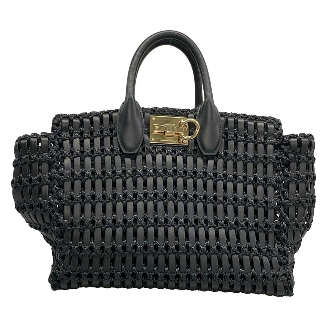 SALVATORE FERRAGAMO STUDIO BLACK RAFFIA FABRIC CALF LEATHER TOTE BAG: Salvatore Ferragamo Studio Black raffia fabric Calf Leather Tote Bag Brand: Salvatore Ferragamo Type/Style: Tote Bag Material: Exterior Material raffia fabric, Calf Leather Color: Exterior Color Black
