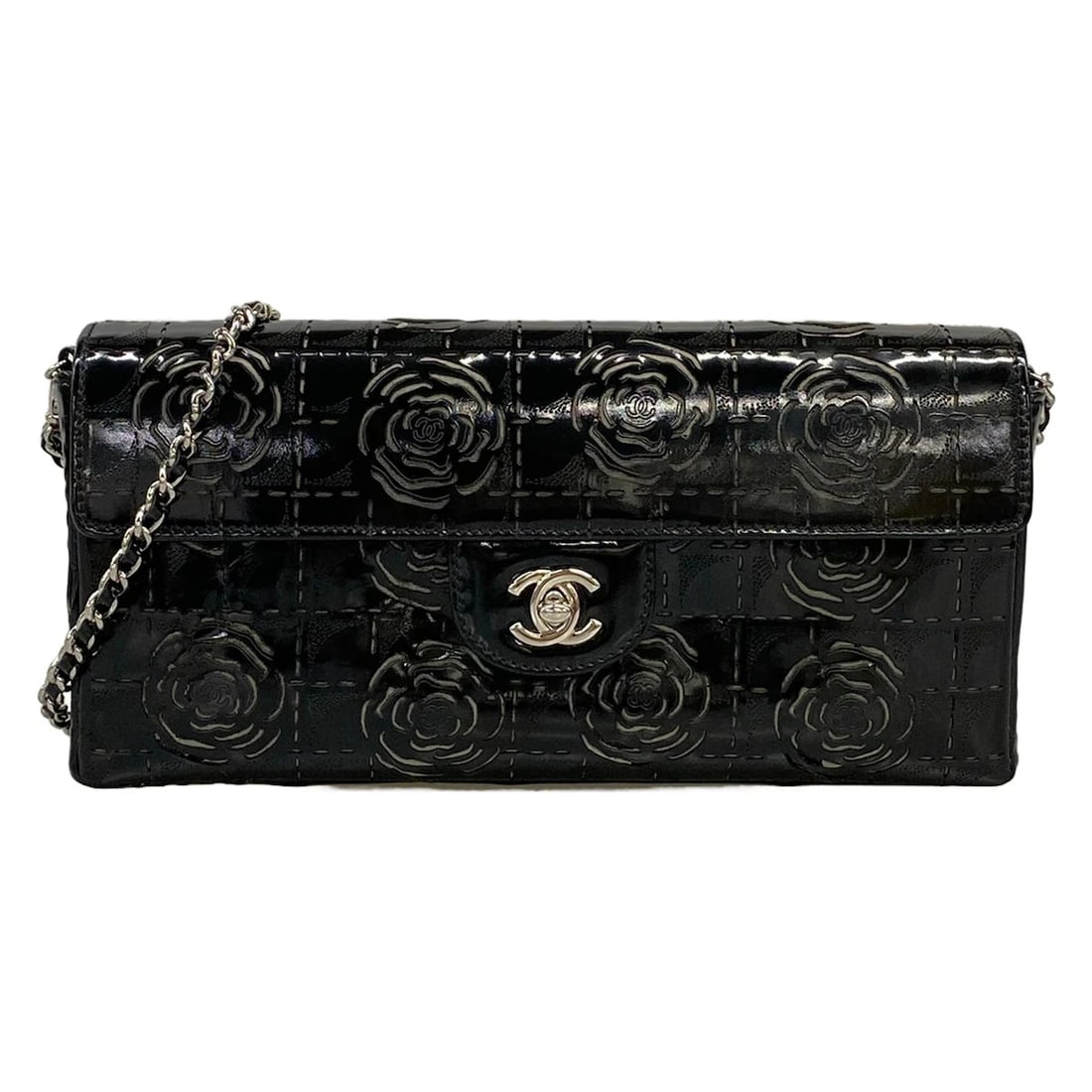 CHANEL CAMELLIA BLACK PATENT LEATHER SHOULDER BAG: CHANEL Camellia Black Patent Leather Shoulder Bag Brand: CHANEL Type/Style: Shoulder Bag Material: Exterior Material Patent Leather Color: Exterior Color Black Size: Height : 5.12 inch" (13 cm) Width 
