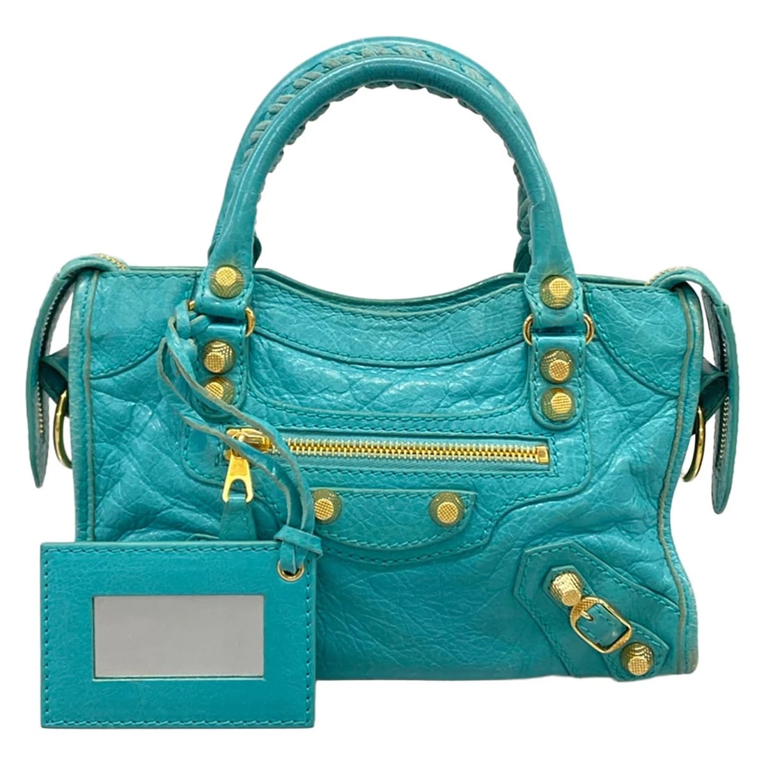 BALENCIAGA THE GIANT MINI CITY BLUE GREEN LEATHER HANDBAG: BALENCIAGA The Giant Mini City Blue Green Leather Handbag Brand: BALENCIAGA Type/Style: Handbag Material: Exterior Material Leather Color: Exterior Color Blue Green Size: Height : 5.71 inch (14.5 cm) 