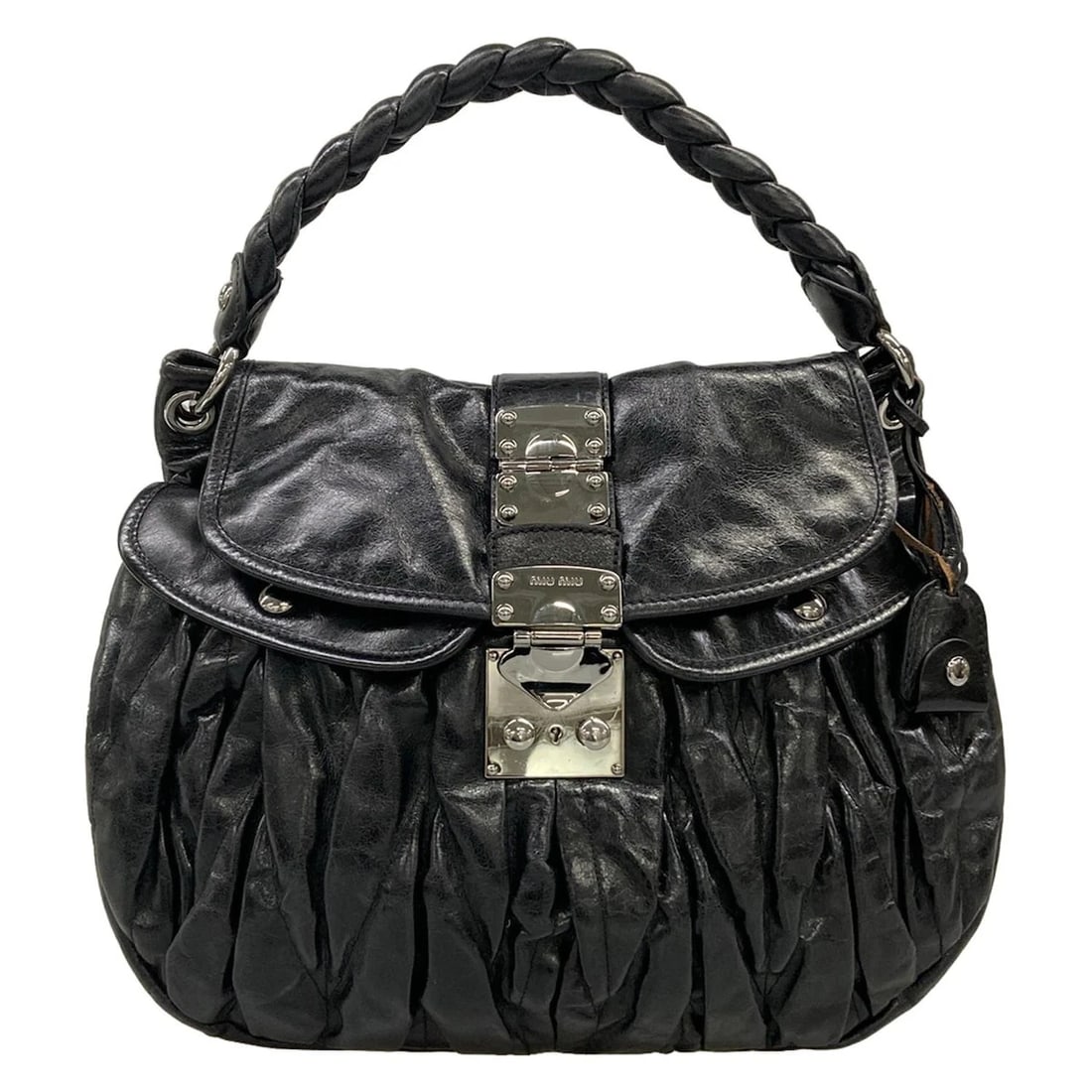MIUMIU MATELASSE BLACK LEATHER HANDBAG: miumiu Matelasse Black Leather Handbag Brand: miumiu Type/Style: Handbag Material: Exterior Material Leather Color: Exterior Color Black Size: Height : 12.6 inch (32 cm) Width : 14.57 inch (37 cm) Dep