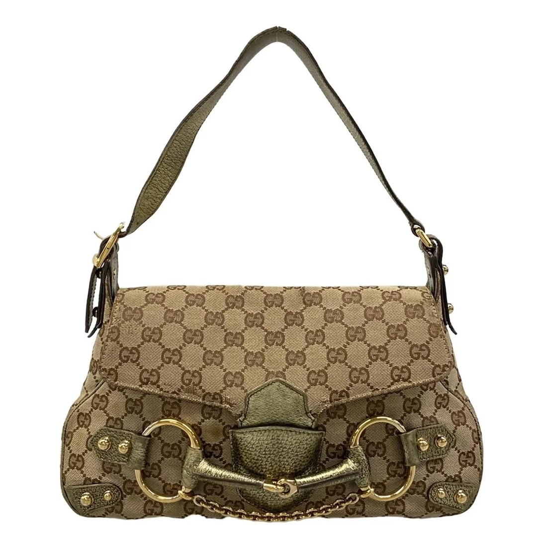 GUCCI GG/HORSEBIT JACQUARD LEATHER SHOULDER BAG: GUCCI GG/Horsebit Jacquard Leather Shoulder Bag Brand: GUCCI Type/Style: Shoulder Bag Material: Exterior Material Jacquard, Leather Color: Exterior Color Dark Brown, Beige, Gold Size: Height : 7.87 in