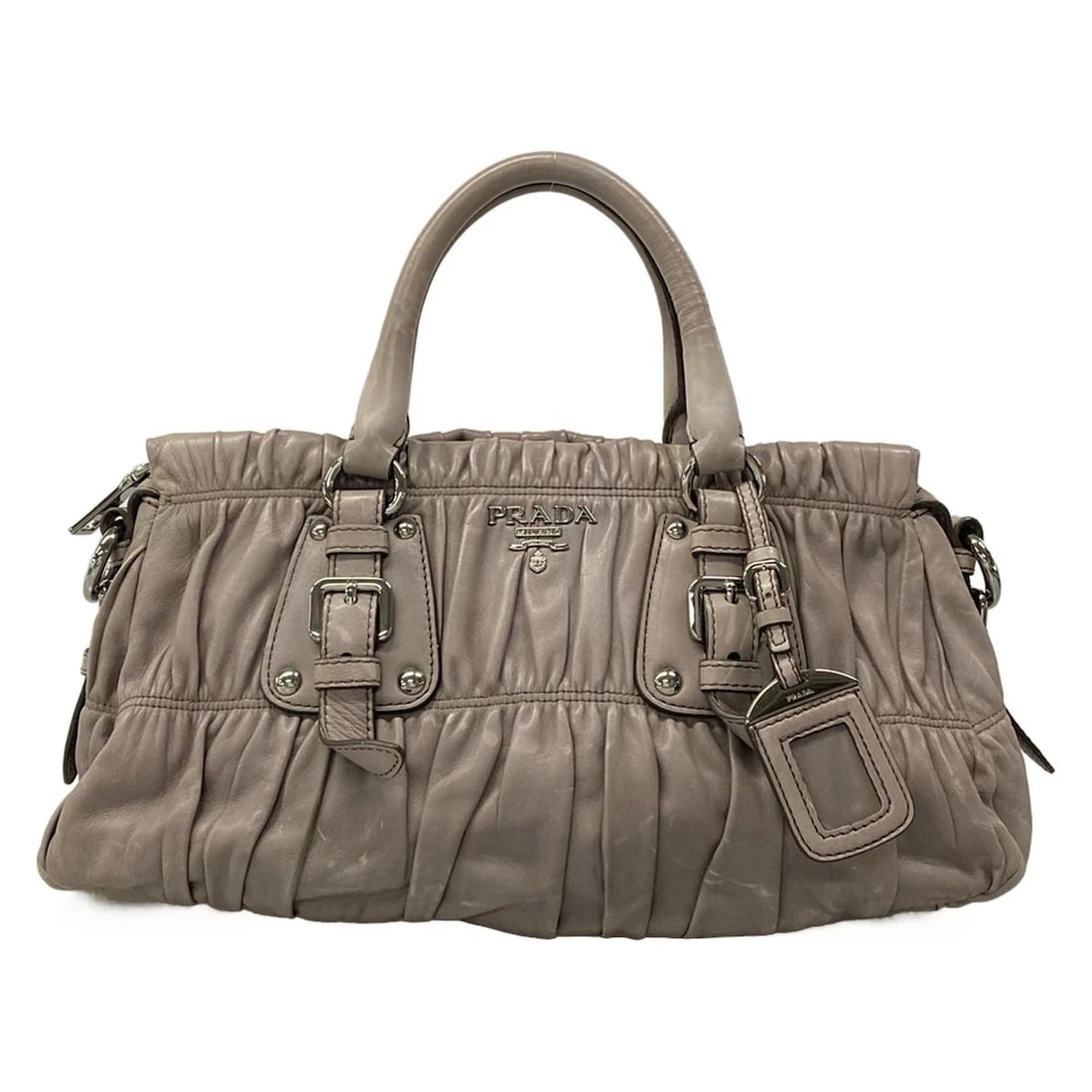 PRADA GRAY LEATHER HANDBAG: PRADA Gray Leather Handbag Brand: PRADA Type/Style: Handbag Material: Exterior Material Leather Color: Exterior Color Gray Size: Height : 8.27 inch (21 cm) Width : 12.01 inch (30.5 cm)14.96 inch (38 c