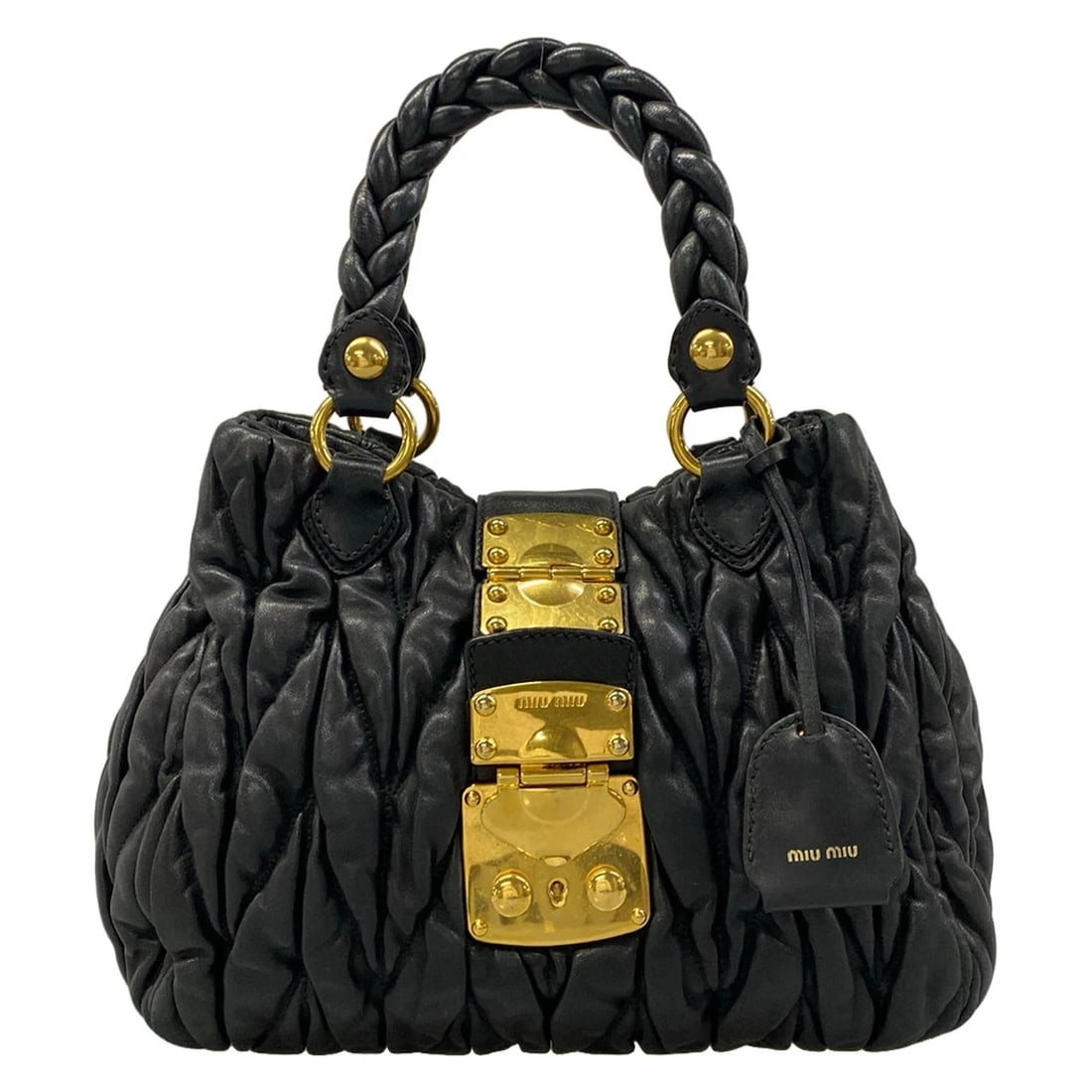 MIUMIU MATELASSE BLACK LEATHER HANDBAG: miumiu Matelasse Black Leather Handbag Brand: miumiu Type/Style: Handbag Material: Exterior Material Leather Color: Exterior Color Black Size: Height : 8.66 inch (22 cm) Width : 9.06 inch11.42 inch