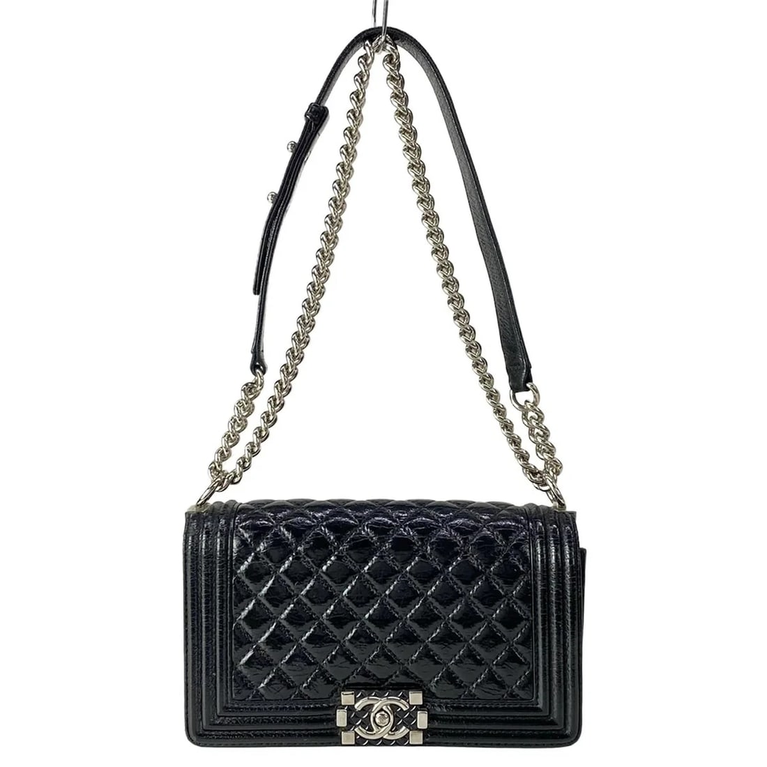 CHANEL BOY CHANEL 25 BLACK PATENT LEATHER SHOULDER BAG: CHANEL Boy Chanel 25 Black Patent Leather Shoulder Bag Brand: CHANEL Type/Style: Shoulder Bag Material: Exterior Material Patent Leather Color: Exterior Color Black Size: Height : 5.71 inch (14.5 cm) 