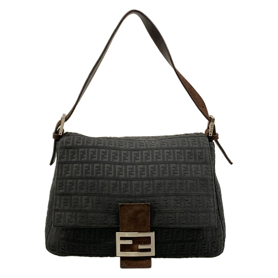 FENDI MAMA BUCKETDARK GRAY DARK BROWN SUEDE JACQUARD HANDBAG (1 of 9)