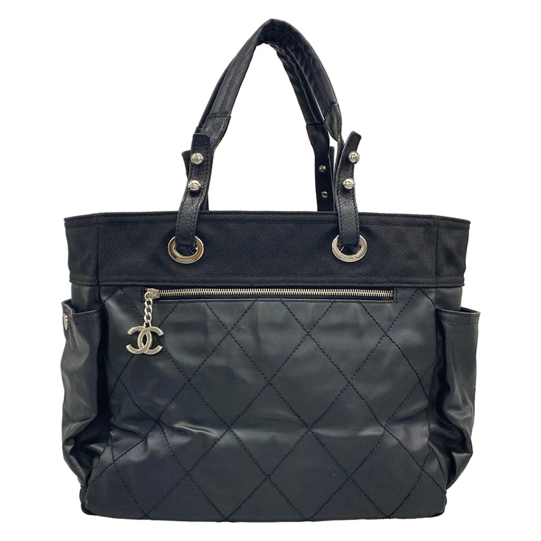 CHANEL PARIS BIARRITZ TOTE GM BLACK TOTE BAG: CHANEL Paris Biarritz Tote GM Black Tote Bag Brand: CHANEL Type/Style: Tote Bag Material: Exterior Material Coated Canvas, Nylon, Leather Color: Exterior Color Black Size: Height : 11.81 inch" (30 cm)