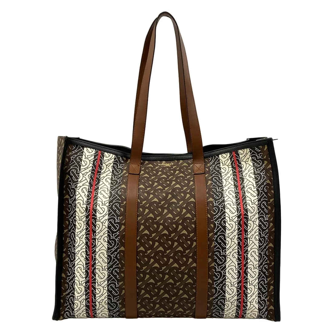BURBERRY MONOGRAM STRIPE E-CANVAS TOTE BAG: Burberry Monogram Stripe E-canvas Tote Bag Brand: Burberry Type/Style: Tote Bag Material: Exterior Material PVC, Leather Color: Exterior Color Dark Brown, Black, Multi Size: Height : 13.58 inch (34.5 