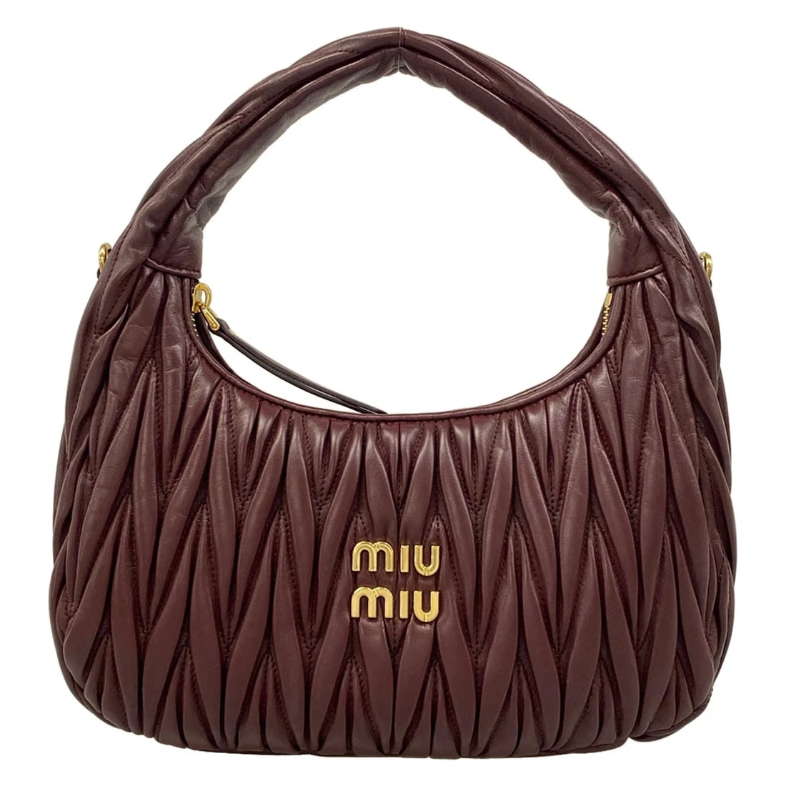 MIUMIU WONDER MATELASSE LEATHER HOBO BAG BORDEAUX LEATHER HANDBAG: miumiu Wonder Matelasse Leather Hobo Bag Bordeaux Leather Handbag Brand: miumiu Type/Style: Handbag Material: Exterior Material Leather Color: Exterior Color Bordeaux Size: Height : 5.91 inch (15 cm) 