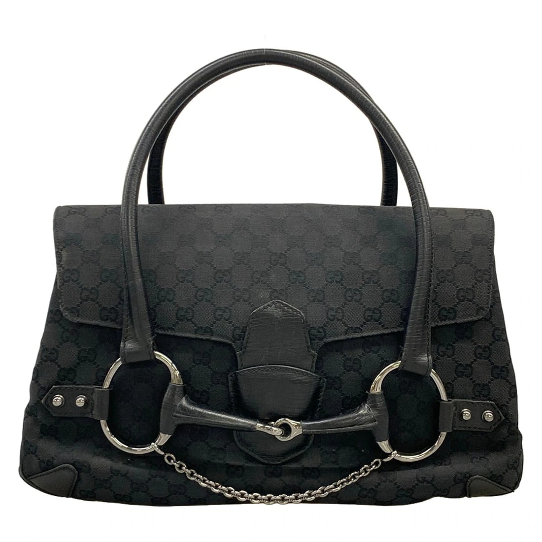 GUCCI GG/HORSEBIT BLACK JACQUARD LEATHER HANDBAG: GUCCI GG/Horsebit Black Jacquard Leather Handbag Brand: GUCCI Type/Style: Handbag Material: Exterior Material Jacquard, Leather Color: Exterior Color Black Size: Height : 11.02 inch (28 cm) Width : 15