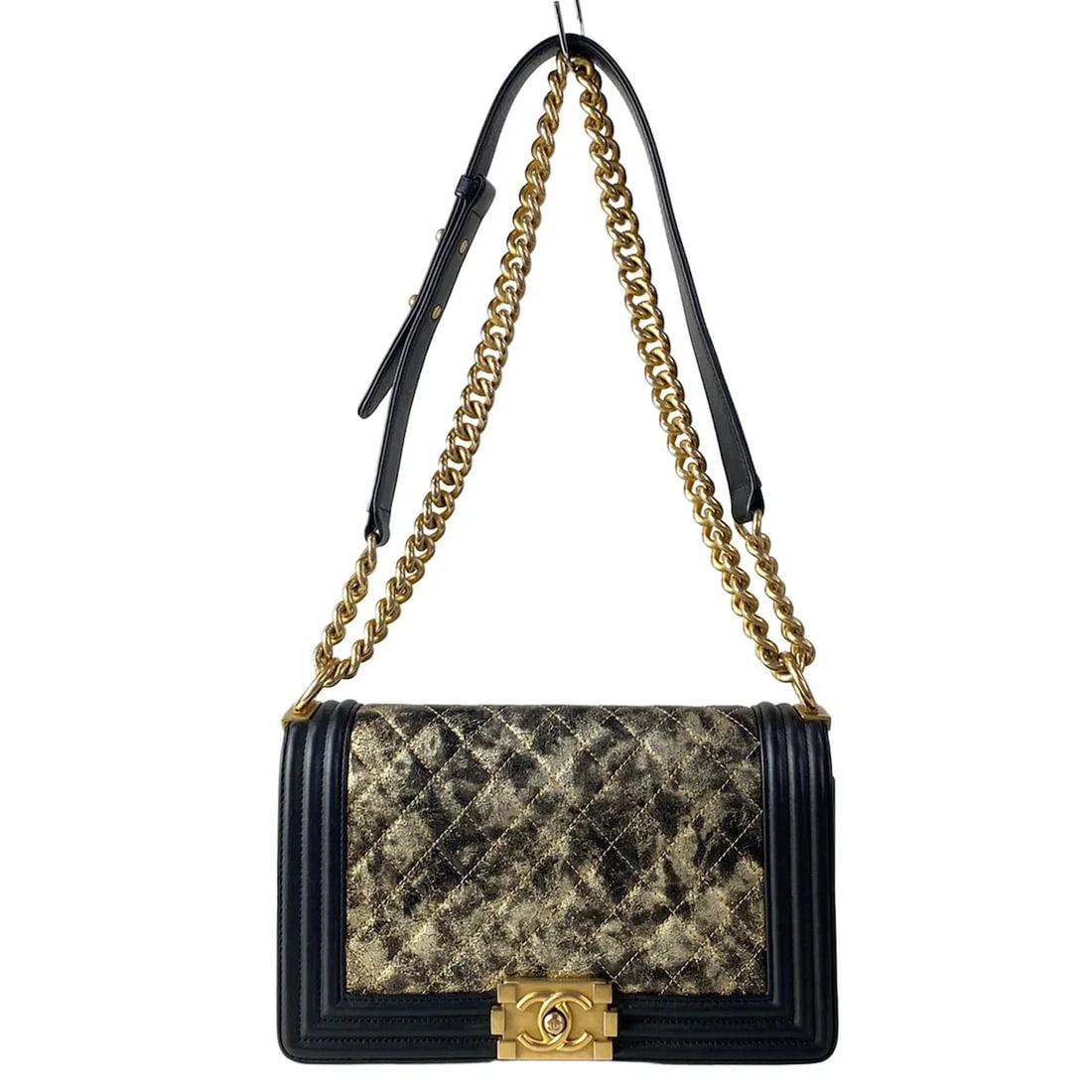 CHANEL BOY CHANEL BLACK GOLD LEATHER SHOULDER BAG (1 of 11)