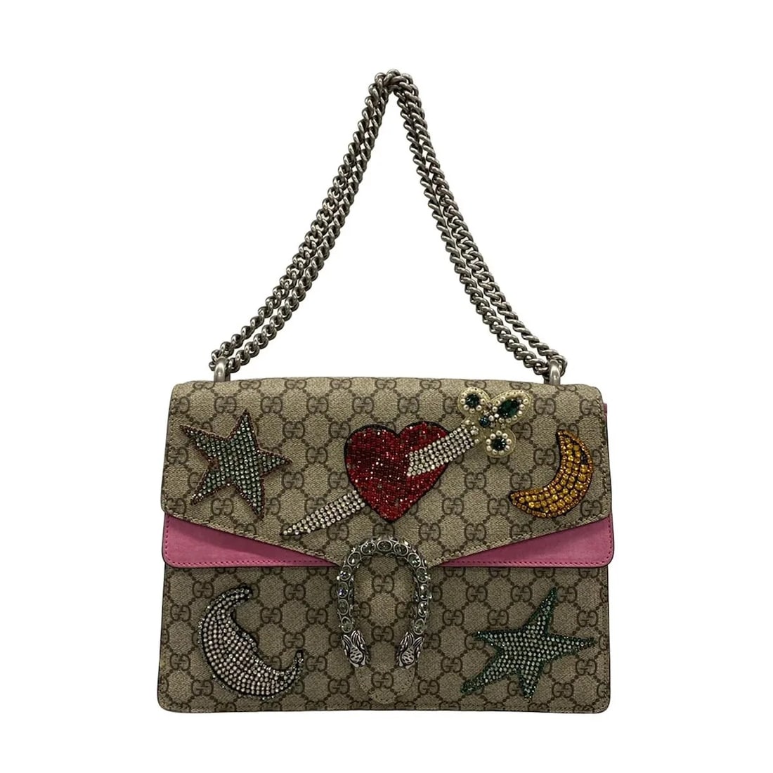 GUCCI DIONYSUS BEIGE PINK MULTI PVC SUEDE SHOULDER BAG: GUCCI Dionysus Beige Pink Multi PVC Suede Shoulder Bag Brand: GUCCI Type/Style: Shoulder Bag Material: Exterior Material PVC, Suede Color: Exterior Color Beige, Pink, Multi Size: Height : 8.66 inch (2
