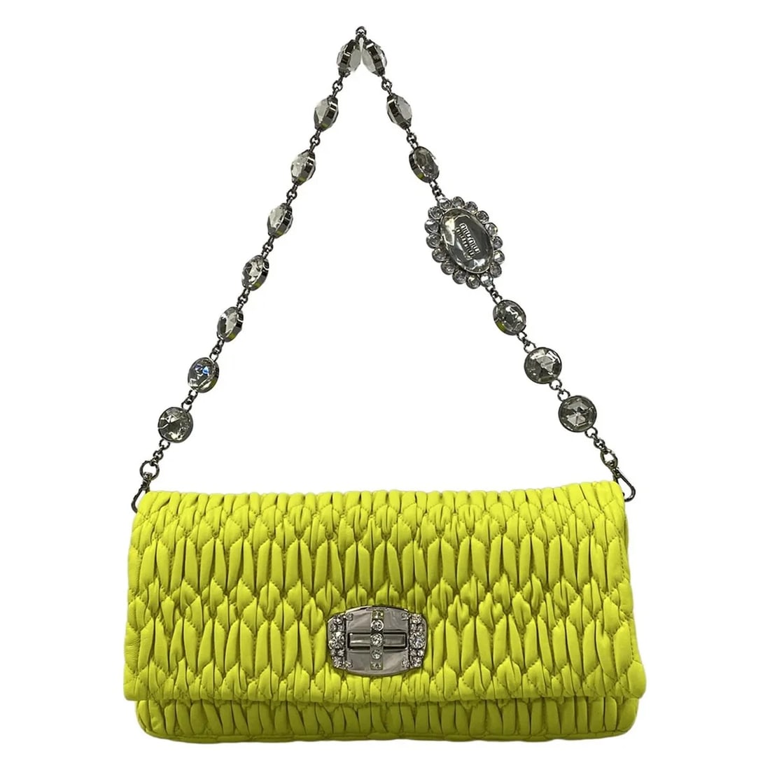 MIUMIU MIU CRYSTAL/MATELASSE YELLOW LEATHER SHOULDER BAG: miumiu Miu Crystal/Matelasse Yellow Leather Shoulder Bag Brand: miumiu Type/Style: Shoulder Bag Material: Exterior Material Leather Color: Exterior Color Yellow Size: Height : 5.31 inch (13.5 cm) Widt
