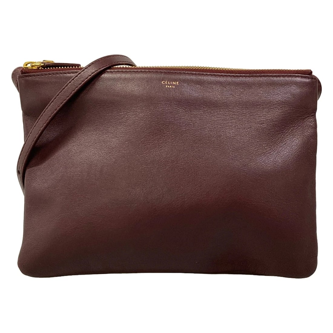 CELINE TRIO LARGE BORDEAUX LEATHERSHOULDER BAG: CELINE Trio Large Bordeaux LeatherShoulder Bag Brand: CELINE Type/Style: Shoulder Bag Material: Exterior Material Leather Color: Exterior Color Bordeaux Size: Height : 6.89 inch (17.5 cm) Width : 9.65