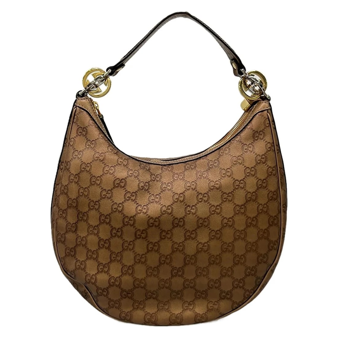 GUCCI GG TWINS, SHIMALINE BRONZE LEATHER SHOULDER BAG: GUCCI GG Twins, Shimaline Bronze Leather Shoulder Bag Brand: GUCCI Type/Style: Shoulder Bag Material: Exterior Material Leather Color: Exterior Color Bronze Size: Height : 9.06 inch (23 cm) Width : 13