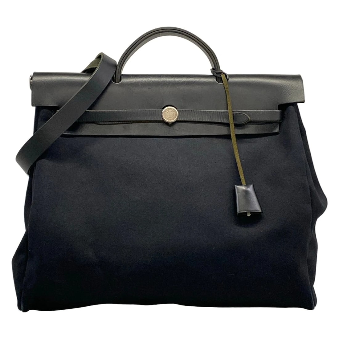 HERMES HER BAG MMBLACK TOILE OFFICIER LEATHER HANDBAG: HERMES Her Bag MMBlack Toile Officier Leather Handbag Brand: HERMES Type/Style: Handbag Material: Exterior Material Toile Officier, Leather Color: Exterior Color Black Size: Height : 12.6 inch (32 cm)