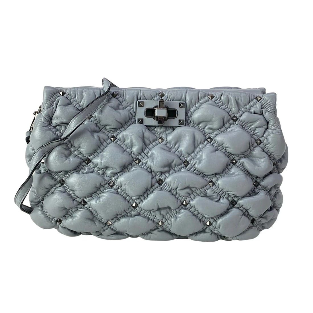 VALENTINOGARAVANI ROCKSTUD SPIKEBLUE GRAY E SHOULDER BAG: VALENTINOGARAVANI Rockstud SpikeBlue Gray e Shoulder Bag Brand: VALENTINOGARAVANI Type/Style: Shoulder Bag Material: Exterior Material Leather, Hardware Color: Exterior Color Blue Gray Size: Height : 
