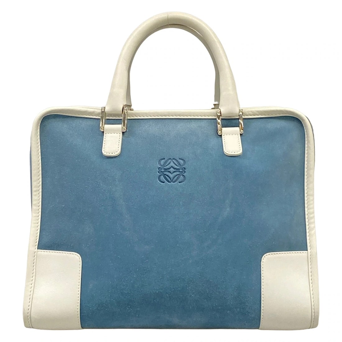 LOEWE AMAZONAWHITE BLUE GRAY LEATHER SUEDE HANDBAG: LOEWE AmazonaWhite Blue Gray Leather Suede Handbag Brand: LOEWE Type/Style: Handbag Material: Exterior Material Leather, Suede Color: Exterior Color White, Blue Gray Size: Height : 10.24 inch (26 cm) 