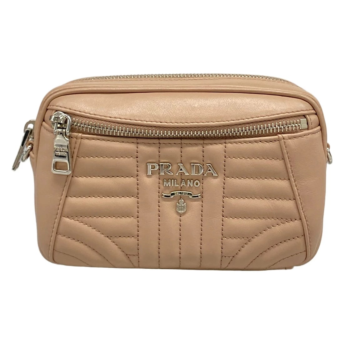 PRADA PINK BEIGE LEATHER BUM BAG: PRADA Pink Beige Leather Bum Bag Brand: PRADA Type/Style: Bum Bag Material: Exterior Material Leather Color: Exterior Color Pink Beige Size: Height : 4.33 inch (11 cm) Width : 6.69 inch" (17 cm) Depth