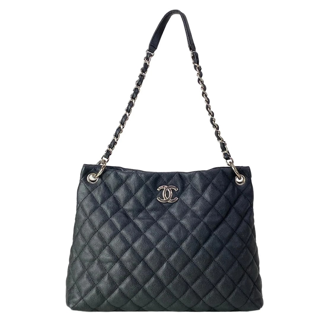 CHANEL BLACK CALFSKIN SHOULDER BAG: CHANEL Black Calfskin Shoulder Bag Brand: CHANEL Type/Style: Shoulder Bag Material: Exterior Material Calfskin Color: Exterior Color Black Size: Height : 10.04 inch (25.5 cm) Width : 13.39 inch (34 cm