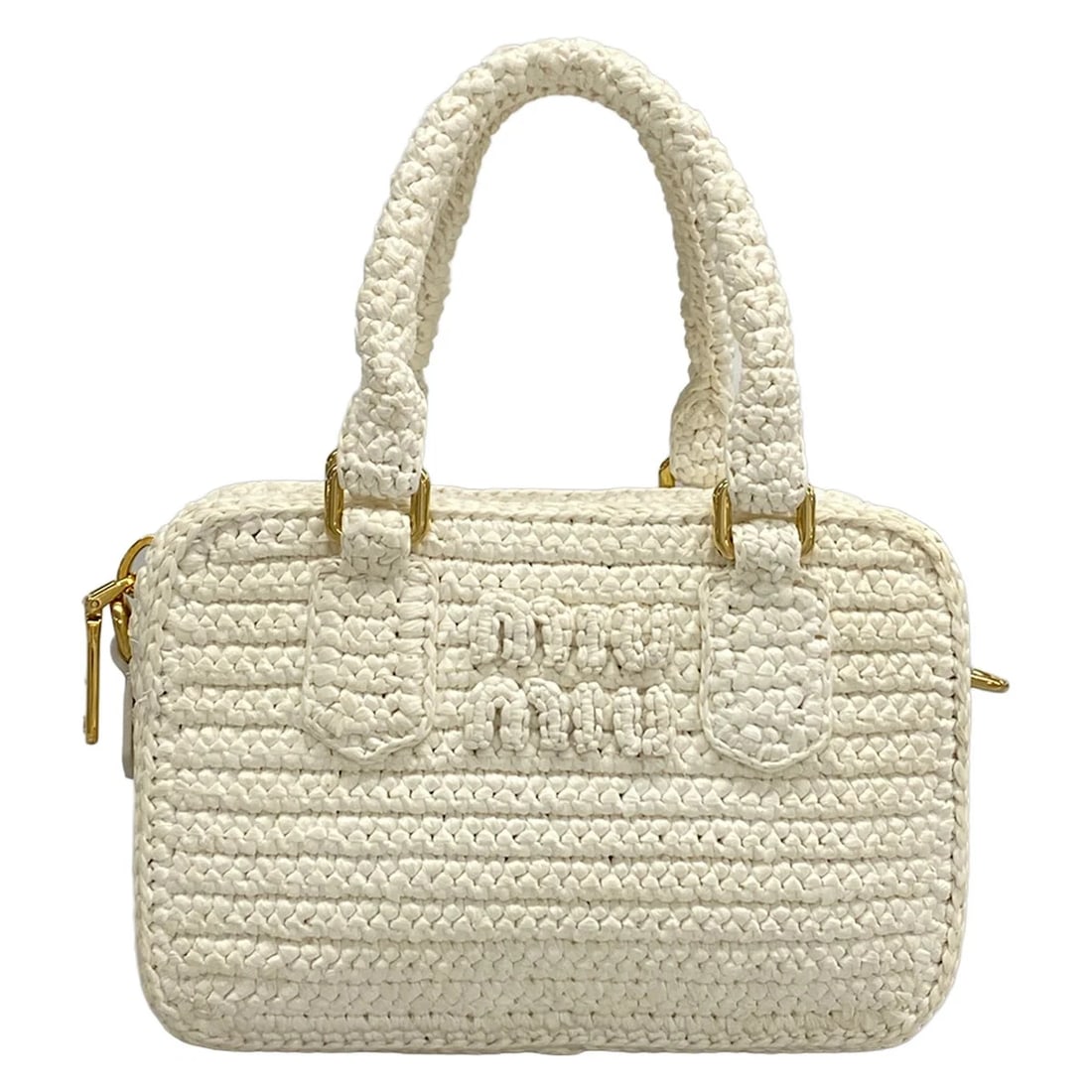 MIUMIU WHITE RAFFIA LEATHER HANDBAG: miumiu White Raffia Leather Handbag Brand: miumiu Type/Style: Handbag Material: Exterior Material Raffia, Leather Color: Exterior Color White Size: Height : 4.92 inch (12.5 cm) Width : 7.68 (19.5 cm) 