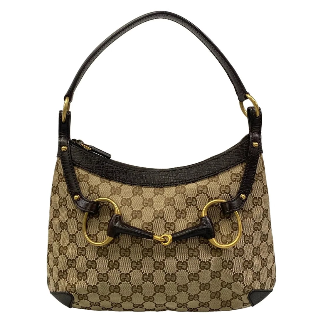 GUCCI HORSEBIT/GG DARK BROWN BEIGE JACQUARD LEATHER HANDBAG: GUCCI Horsebit/GG Dark Brown Beige Jacquard Leather Handbag Brand: GUCCI Type/Style: Handbag Material: Exterior Material Jacquard, Leather Color: Exterior Color Dark Brown, Beige Size: Height : 8.66 i