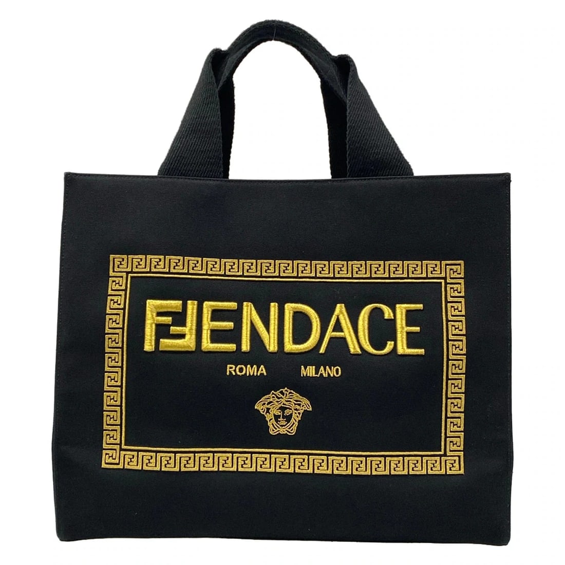 FENDACE BLACK GOLD CANVAS TOTE BAG: FENDACE Black Gold Canvas Tote Bag Brand: FENDACE Type/Style: Tote Bag Material: Exterior Material Canvas Color: Exterior Color Black, Gold Size: Height : 13.19 inch (33.5 cm) Width : 15.75 inch (40