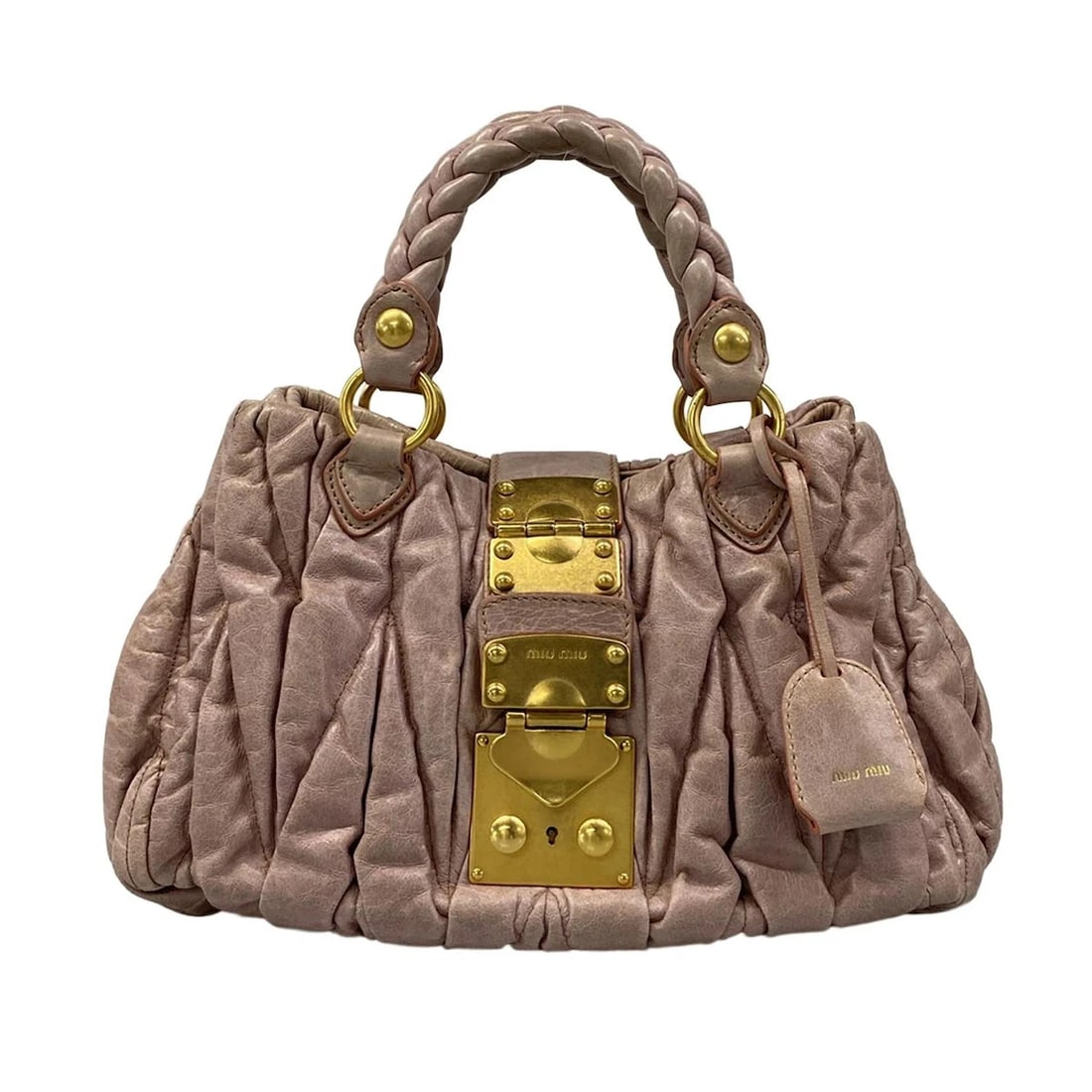 MIUMIU MATELASSE PINK LEATHER HANDBAG: miumiu Matelasse Pink Leather Handbag Brand: miumiu Type/Style: Handbag Material: Exterior Material Leather Color: Exterior Color Pink Size: Height : 8.27 inch (21 cm) Width : 9.06 inch11.42 inch Dept