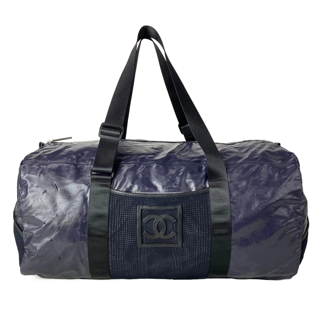 CHANEL NAVY COATED CANVAS CHEMICAL FIBER BOSTON BAG: CHANEL Navy Coated Canvas Chemical Fiber Boston Bag Brand: CHANEL Type/Style: Boston Bag Material: Exterior Material Coated Canvas, Chemical Fiber Color: Exterior Color Navy Size: Height : 11.02 inch 