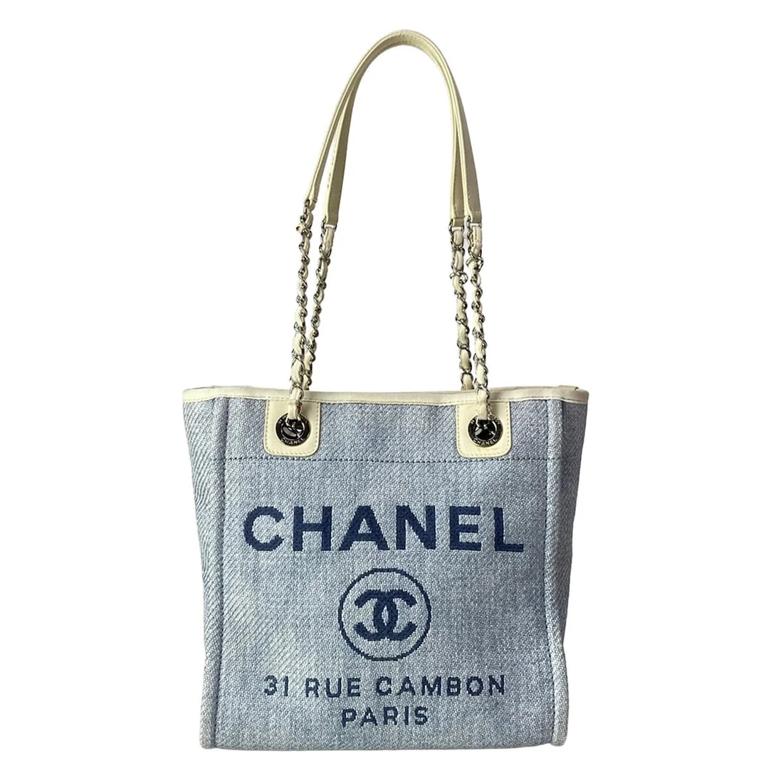 CHANEL LIGHT BLUE WHITE STRAW LEATHER TOTE BAG: CHANEL Light Blue White Straw Leather Tote Bag Brand: CHANEL Type/Style: Tote Bag Material: Exterior Material Straw, Leather Color: Exterior Color Light Blue, White Size: Height : 9.84 inch (25 cm) Wi